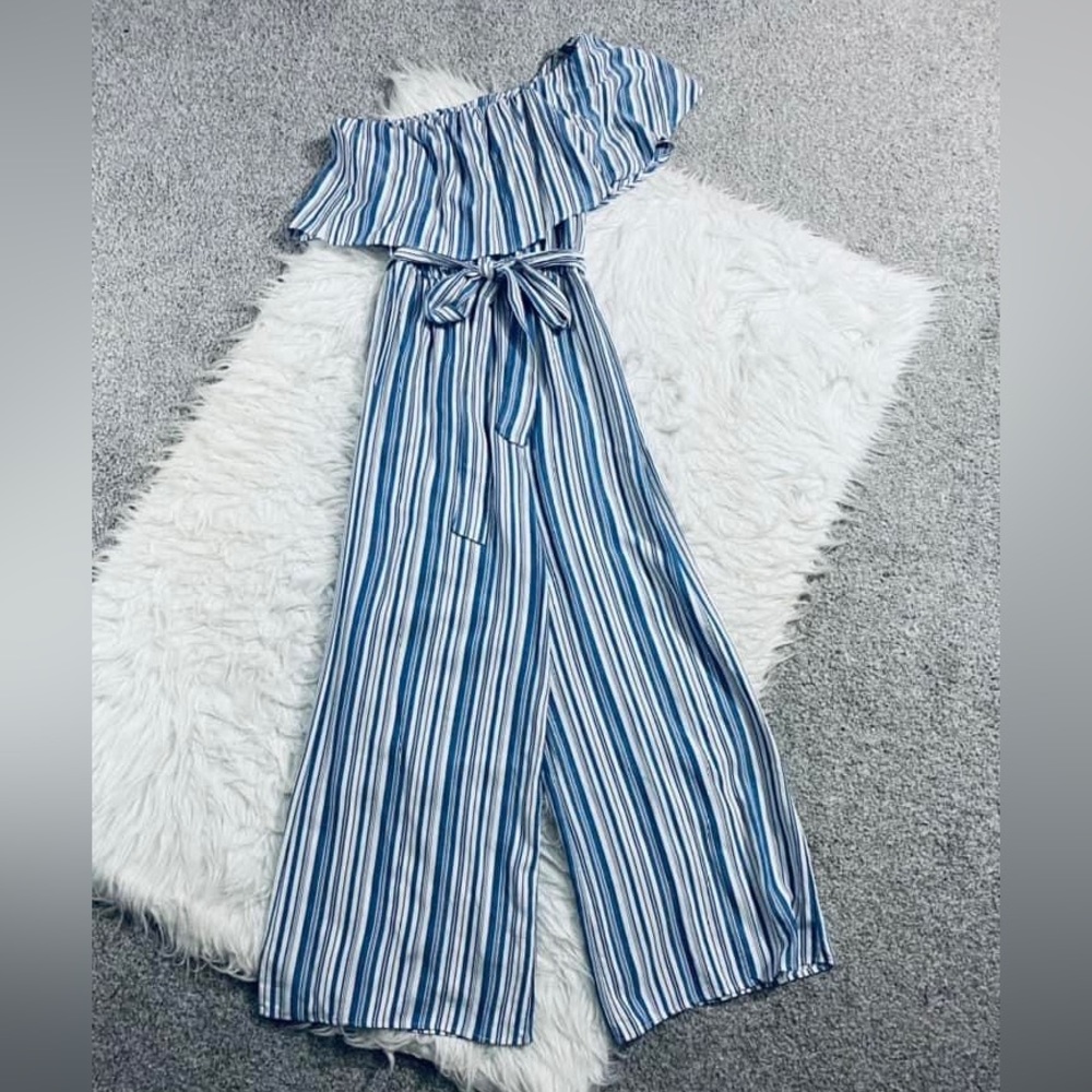 EUC Newbury Kustom blue and white one shoulder striped jumpsuit size small